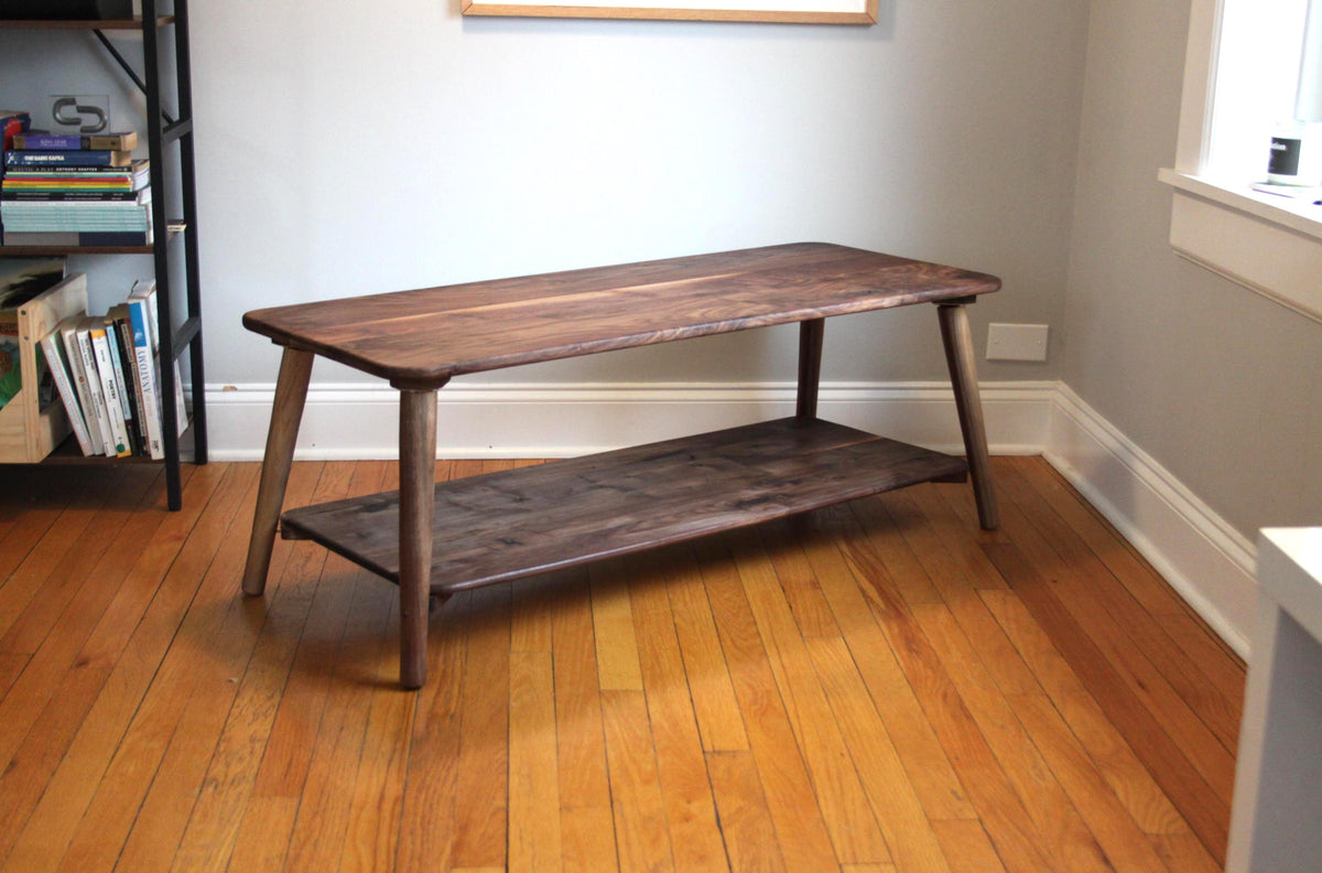 Large Walnut Coffee Table – Two-Tier Natural Hardwood Living Room Centerpiece with Storage