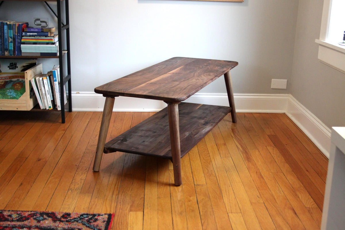 Large Walnut Coffee Table – Two-Tier Natural Hardwood Living Room Centerpiece with Storage