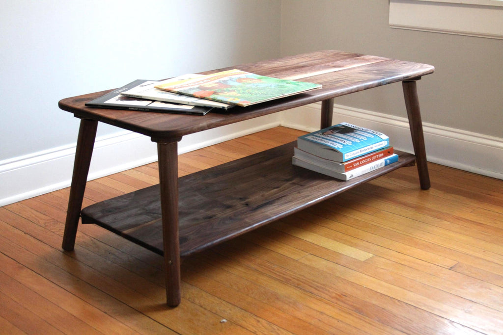 Large Walnut Coffee Table – Two-Tier Natural Hardwood Living Room Centerpiece with Storage