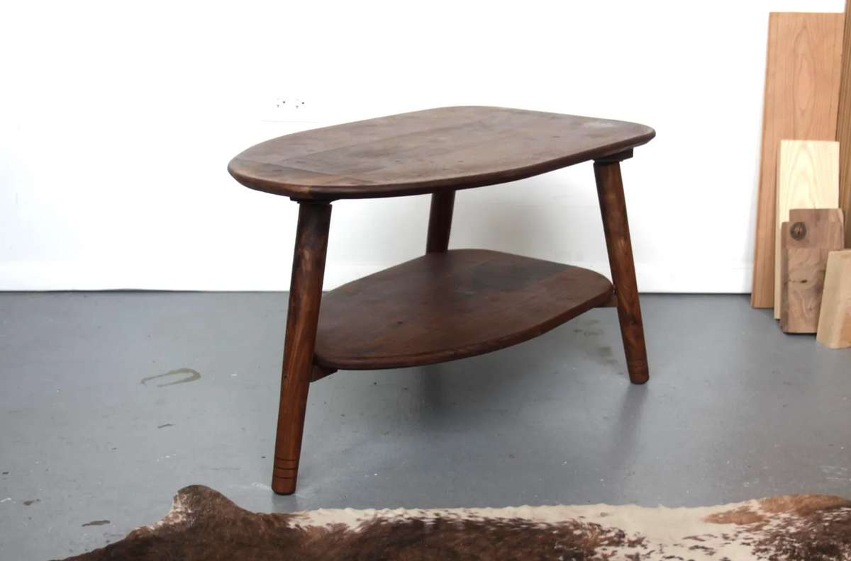 Walnut Avocado Coffee Table | Rounded Oval, Lower Shelf, 3-Leg, Solid Walnut, Made in Chicago
