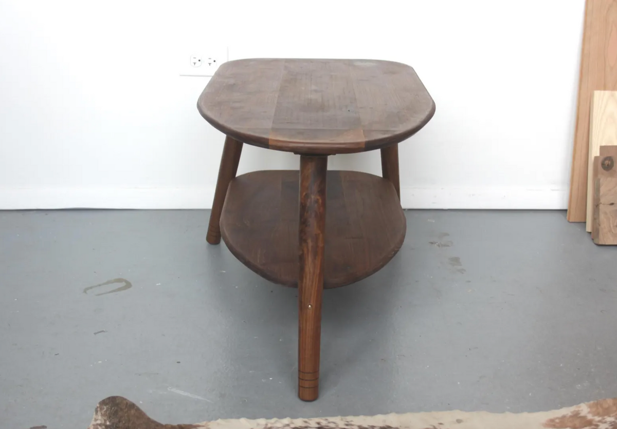 Walnut Avocado Coffee Table | Rounded Oval, Lower Shelf, 3-Leg, Solid Walnut, Made in Chicago