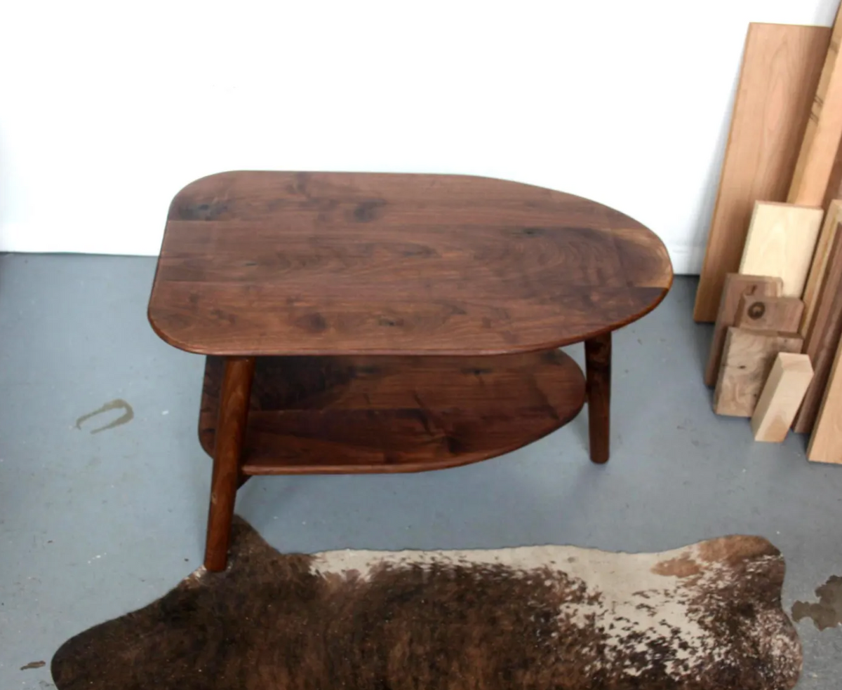 Walnut Avocado Coffee Table | Rounded Oval, Lower Shelf, 3-Leg, Solid Walnut, Made in Chicago
