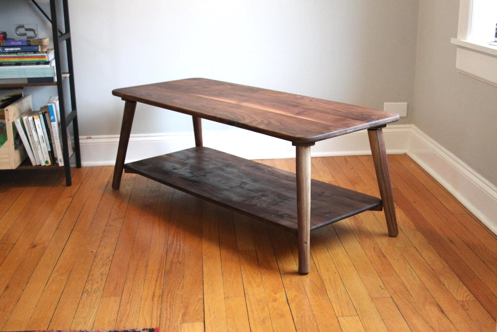 Large Walnut Coffee Table – Two-Tier Natural Hardwood Living Room Centerpiece with Storage