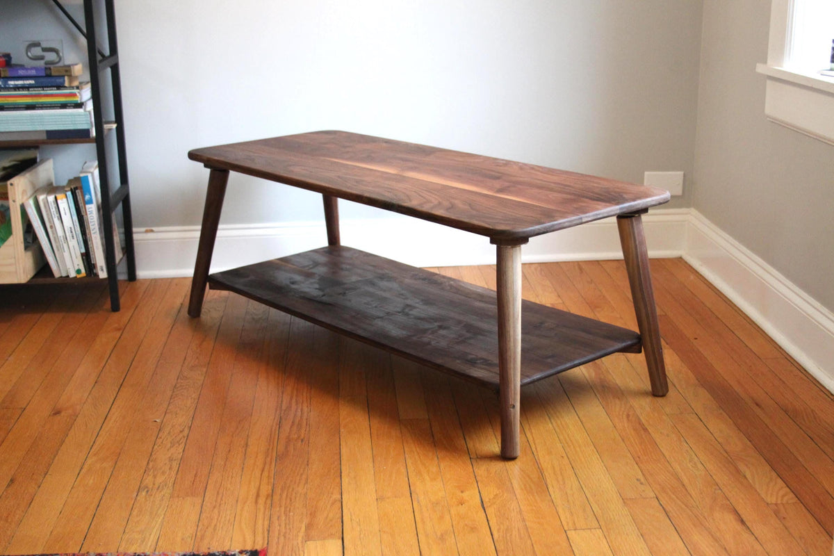 Large Walnut Coffee Table – Two-Tier Natural Hardwood Living Room Centerpiece with Storage