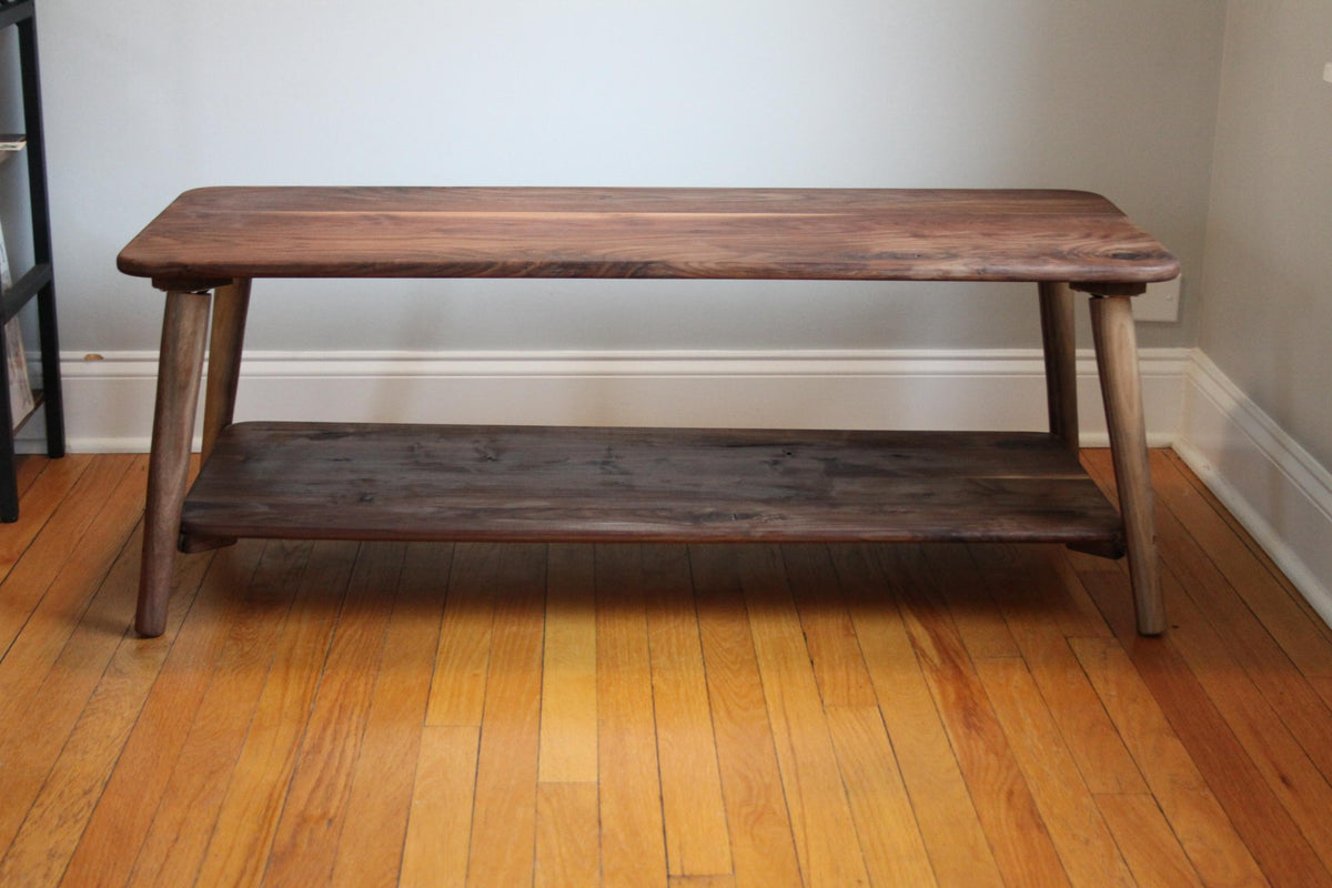 Large Walnut Coffee Table – Two-Tier Natural Hardwood Living Room Centerpiece with Storage