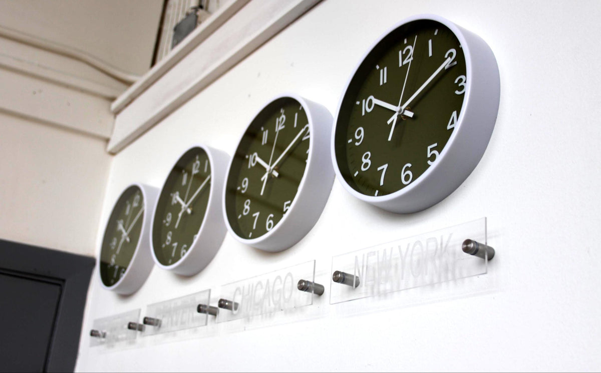 Newsroom Clock Timezones Set with Custom Signs – Customize Your Four Timezone Marquees