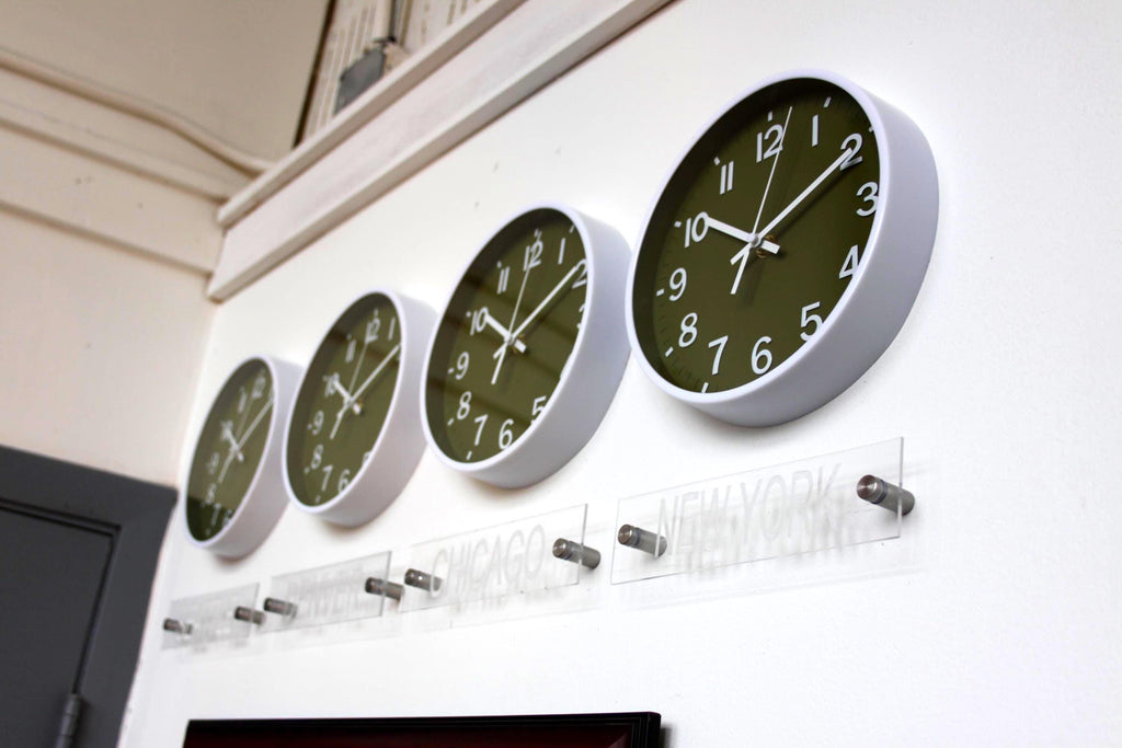 Newsroom Clock Timezones Set with Custom Signs – Customize Your Four Timezone Marquees