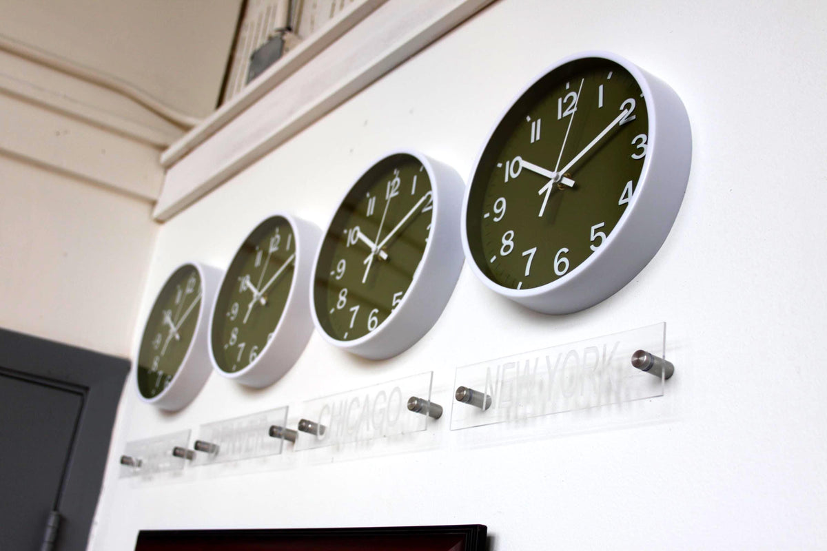 Newsroom Clock Timezones Set with Custom Signs – Customize Your Four Timezone Marquees