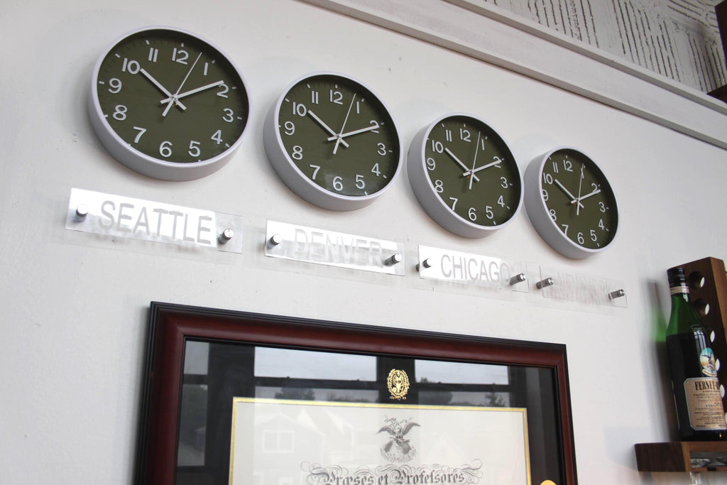 Newsroom Clock Timezones Set with Custom Signs – Customize Your Four Timezone Marquees