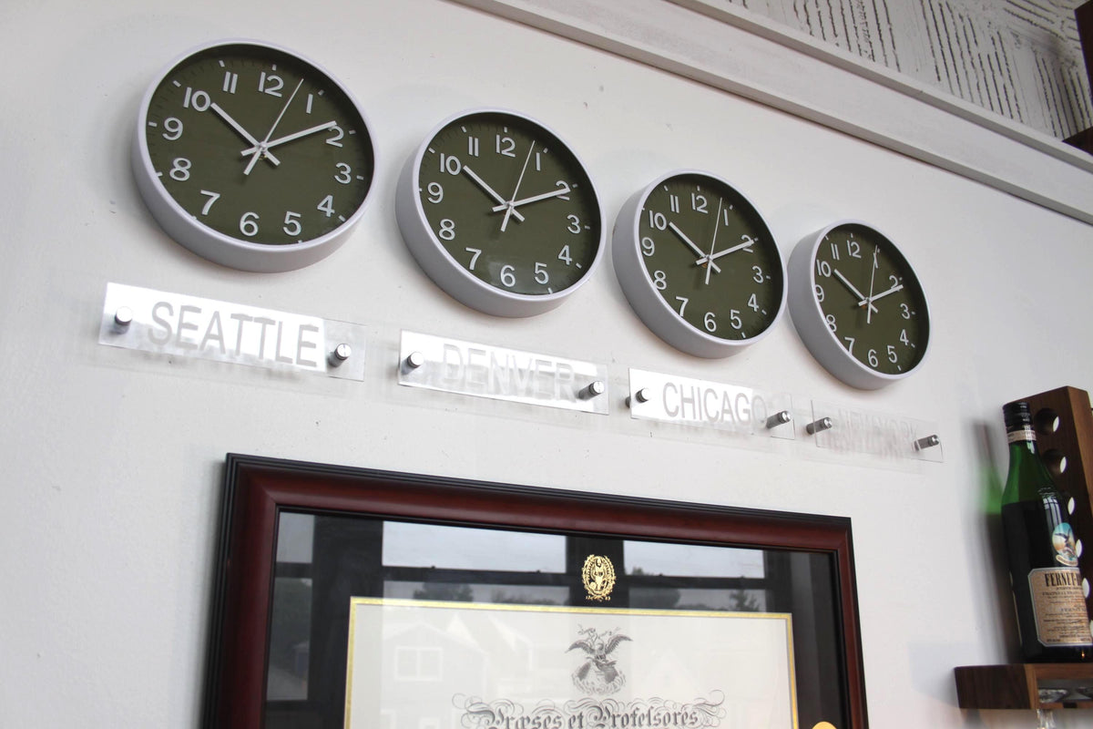 Newsroom Clock Timezones Set with Custom Signs – Customize Your Four Timezone Marquees