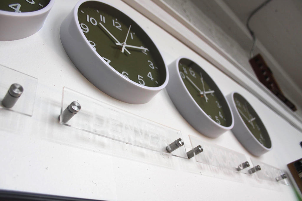 Newsroom Clock Timezones Set with Custom Signs – Customize Your Four Timezone Marquees