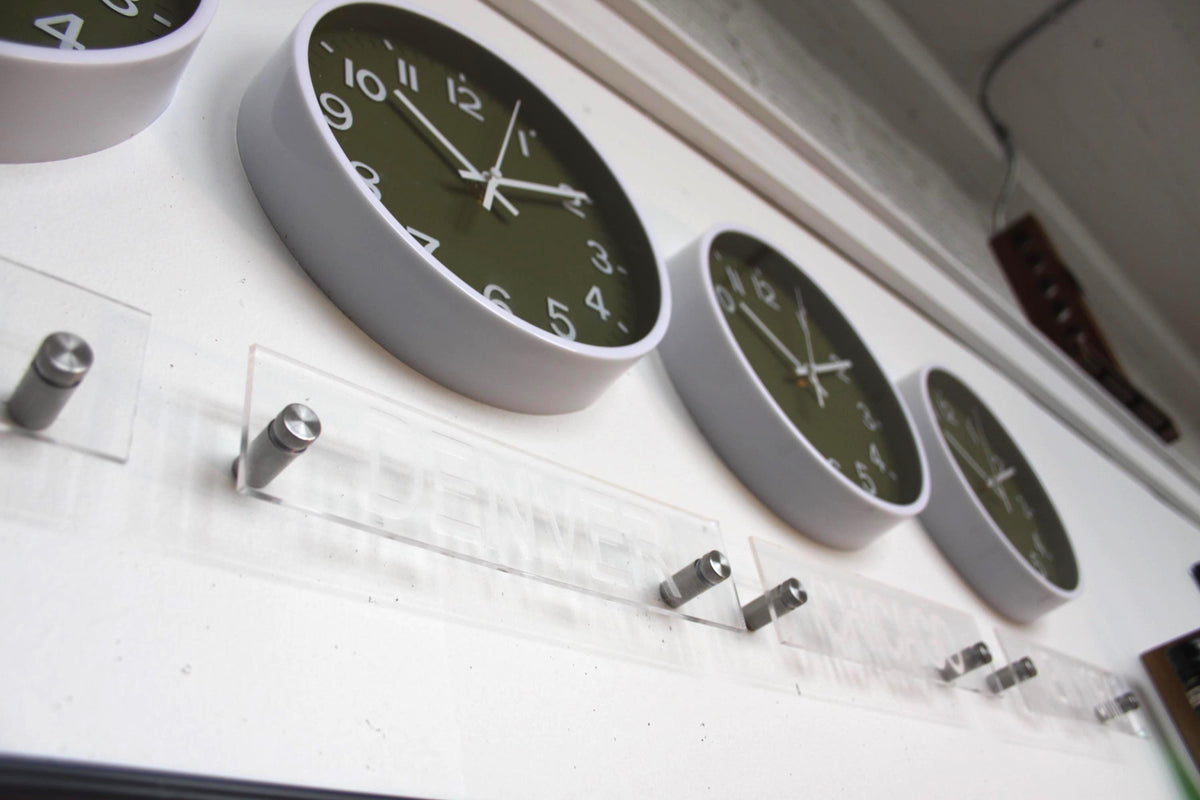 Newsroom Clock Timezones Set with Custom Signs – Customize Your Four Timezone Marquees