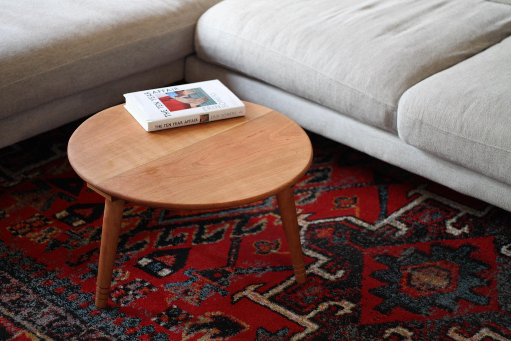 Low Circular Cherry Coffee Table with Three Legs – Handmade Furniture for Low Seating