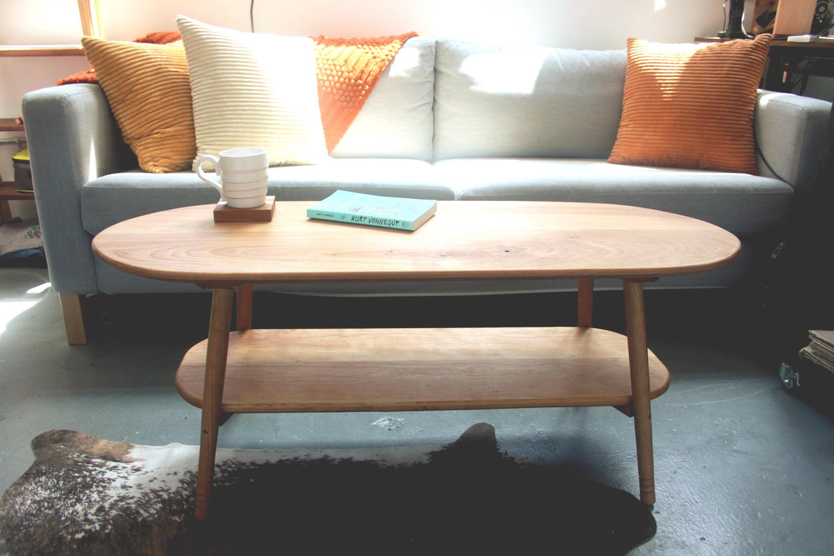 Large Coffee Table with Storage Shelf – Made by Hand from Natural Cherry Wood