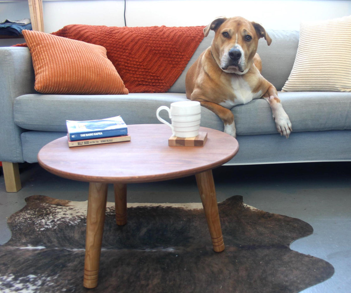 Low Circular Cherry Coffee Table with Three Legs – Handmade Furniture for Low Seating