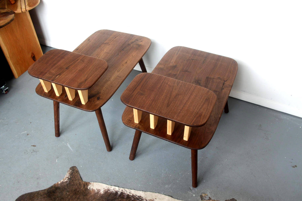 Matching Walnut End Tables with Shark Fin Shelves – Set of Two Bedside Night Stands