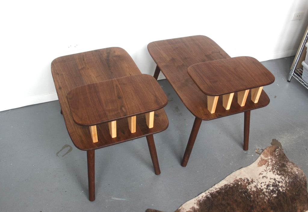 Matching Walnut End Tables with Shark Fin Shelves – Set of Two Bedside Night Stands