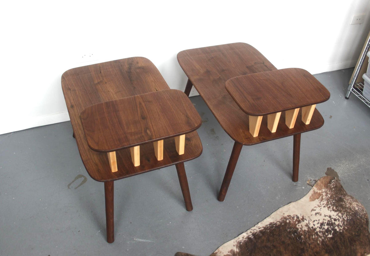Matching Walnut End Tables with Shark Fin Shelves – Set of Two Bedside Night Stands