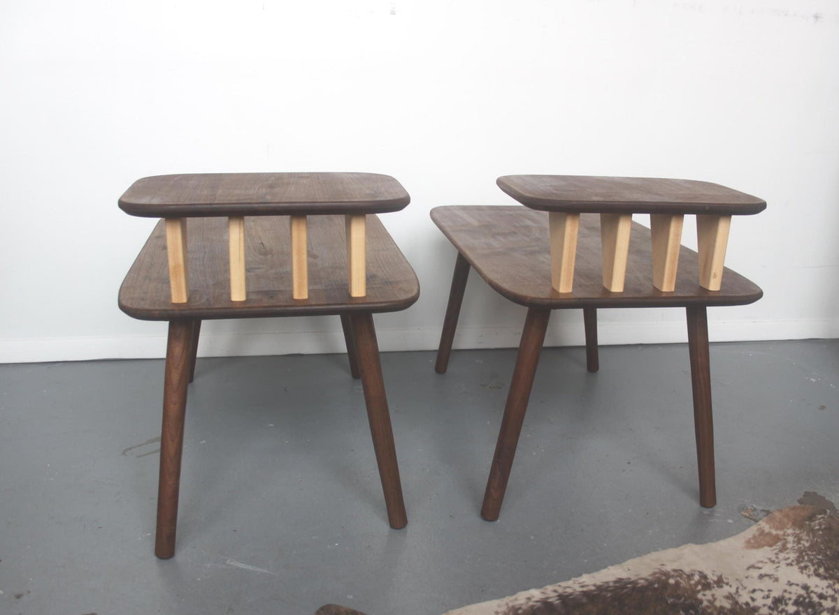 Matching Walnut End Tables with Shark Fin Shelves – Set of Two Bedside Night Stands