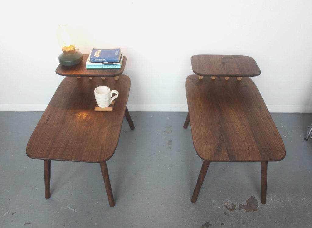 Matching Walnut End Tables with Shark Fin Shelves – Set of Two Bedside Night Stands