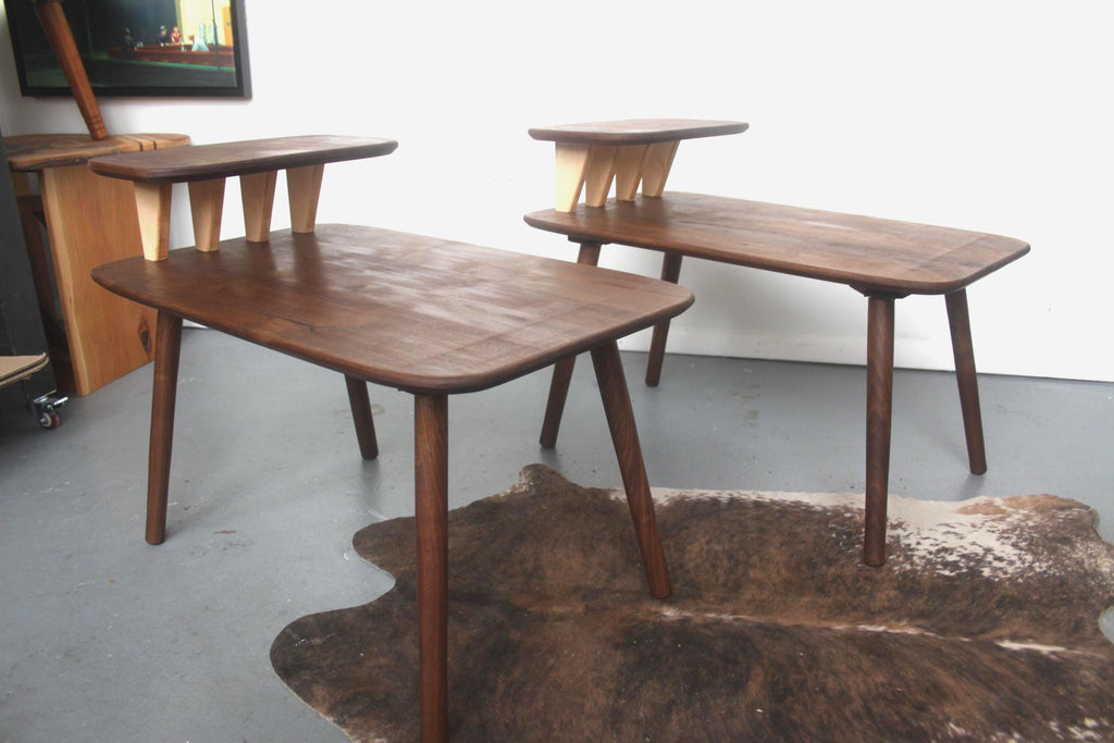 Matching Walnut End Tables with Shark Fin Shelves – Set of Two Bedside Night Stands