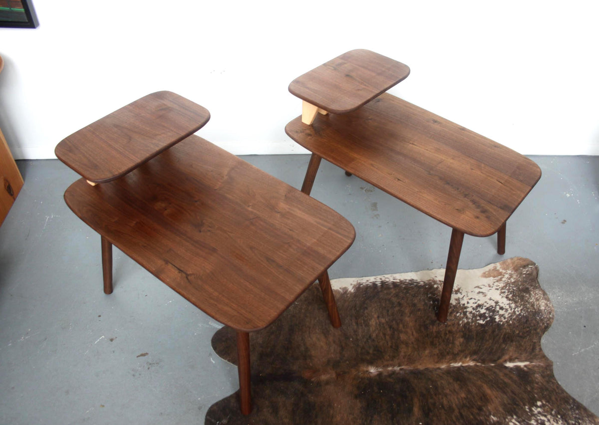 Matching Walnut End Tables with Shark Fin Shelves – Set of Two Bedside Night Stands