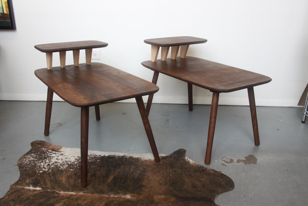Matching Walnut End Tables with Shark Fin Shelves – Set of Two Bedside Night Stands