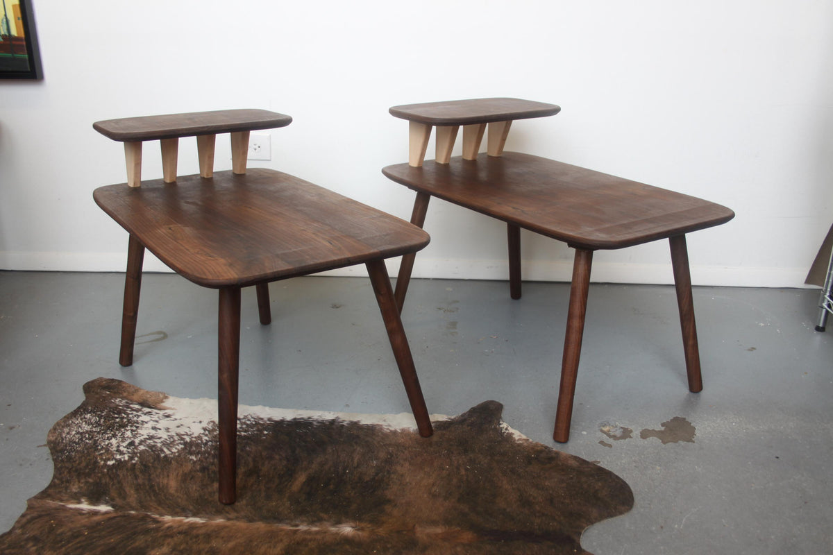 Matching Walnut End Tables with Shark Fin Shelves – Set of Two Bedside Night Stands