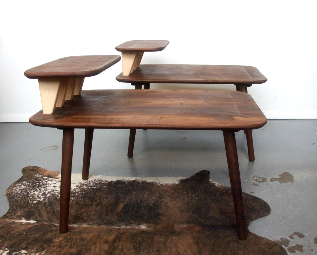 Matching Walnut End Tables with Shark Fin Shelves – Set of Two Bedside Night Stands