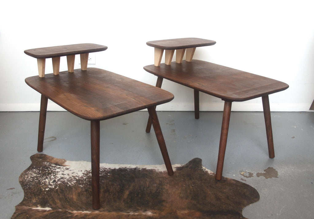 Matching Walnut End Tables with Shark Fin Shelves – Set of Two Bedside Night Stands