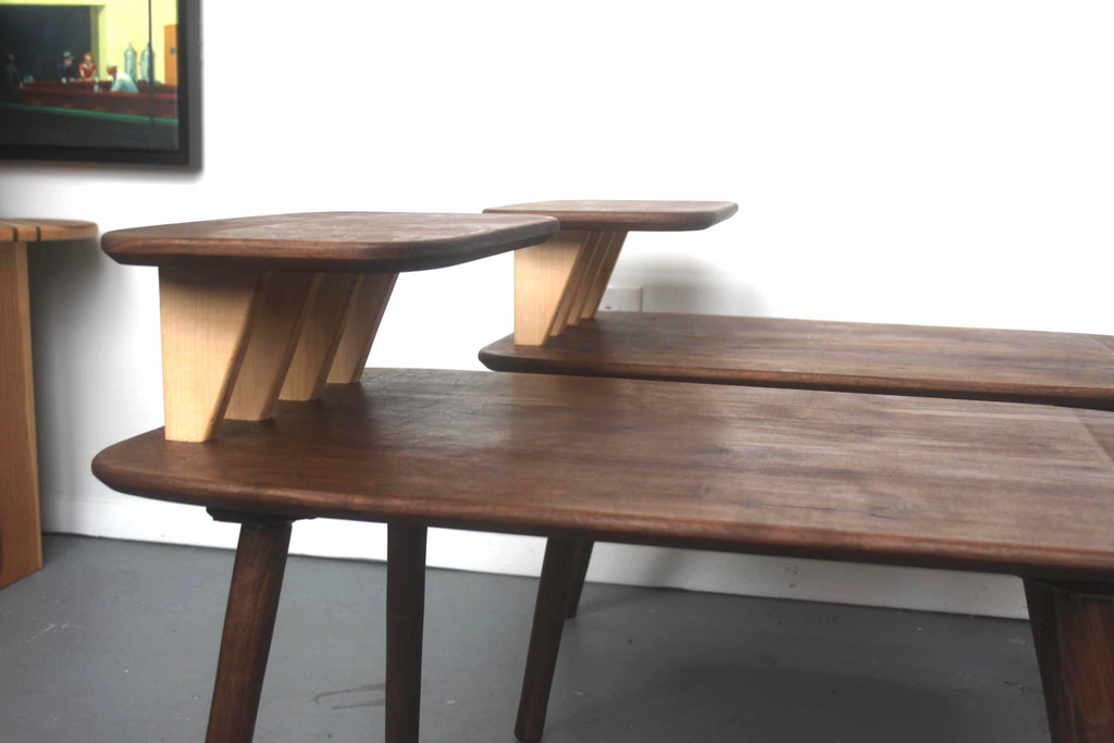 Matching Walnut End Tables with Shark Fin Shelves – Set of Two Bedside Night Stands