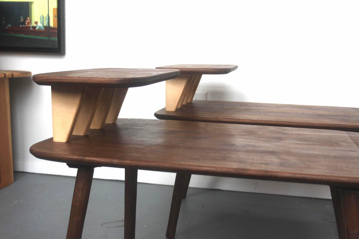 Matching Walnut End Tables with Shark Fin Shelves – Set of Two Bedside Night Stands