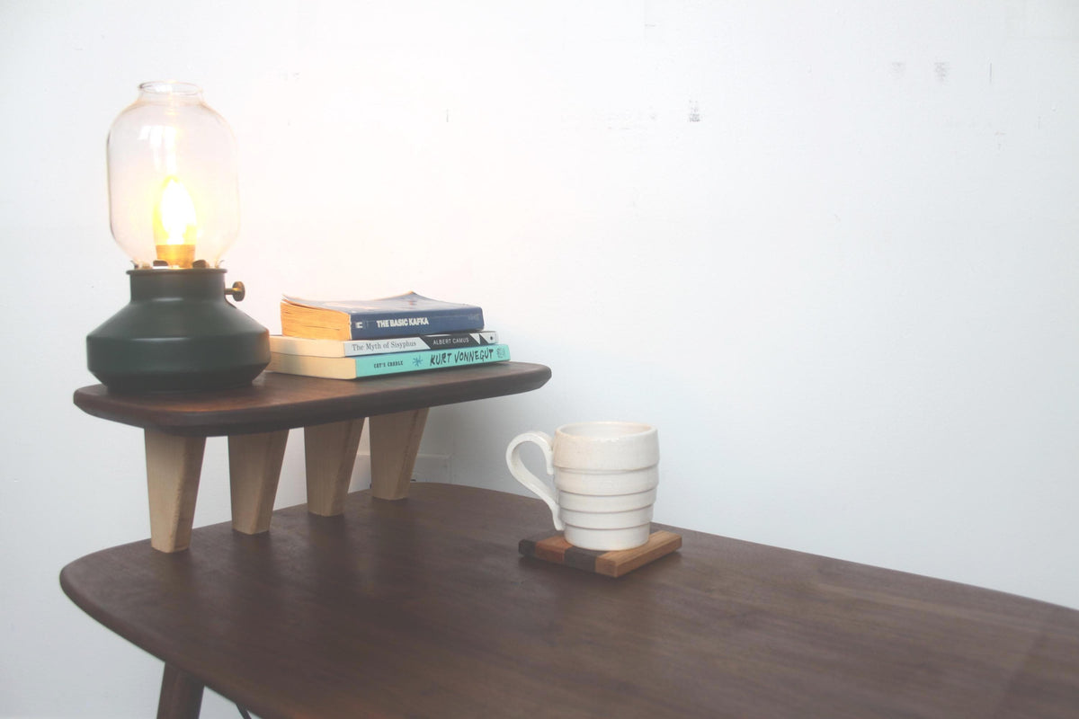 Matching Walnut End Tables with Shark Fin Shelves – Set of Two Bedside Night Stands