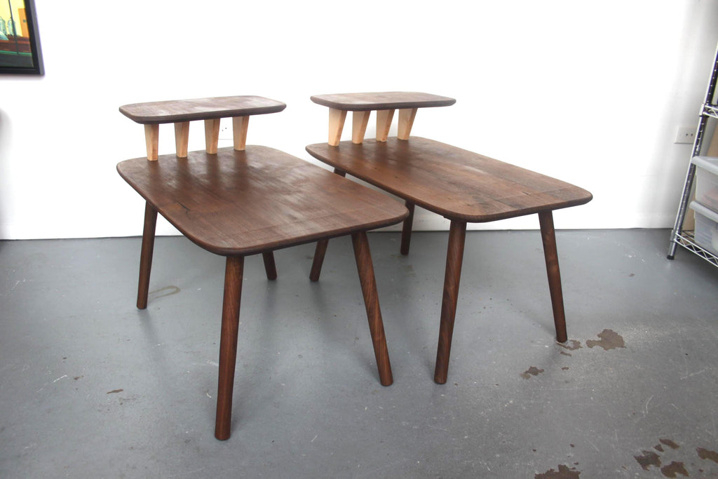 Matching Walnut End Tables with Shark Fin Shelves – Set of Two Bedside Night Stands