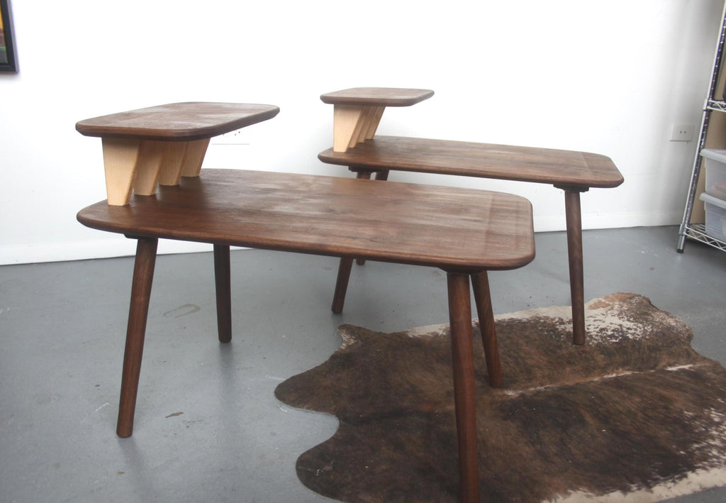 Matching Walnut End Tables with Shark Fin Shelves – Set of Two Bedside Night Stands