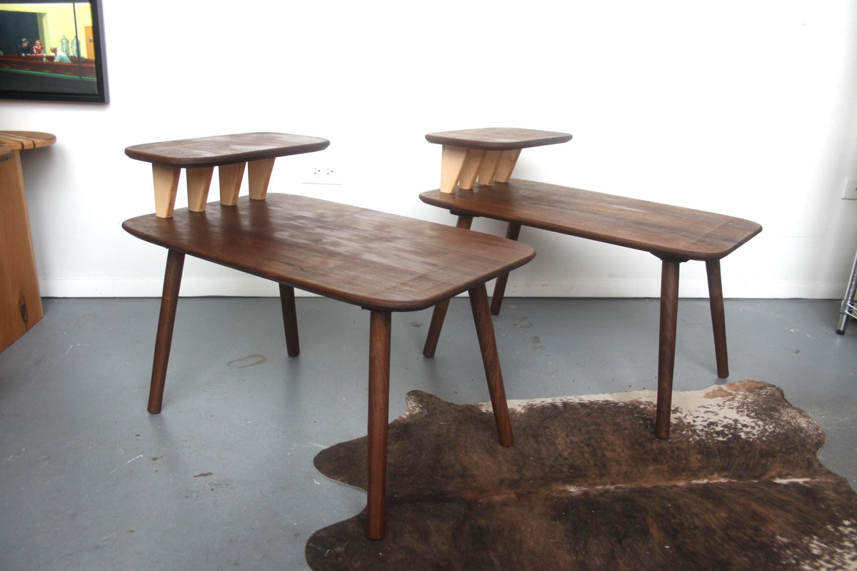Matching Walnut End Tables with Shark Fin Shelves – Set of Two Bedside Night Stands