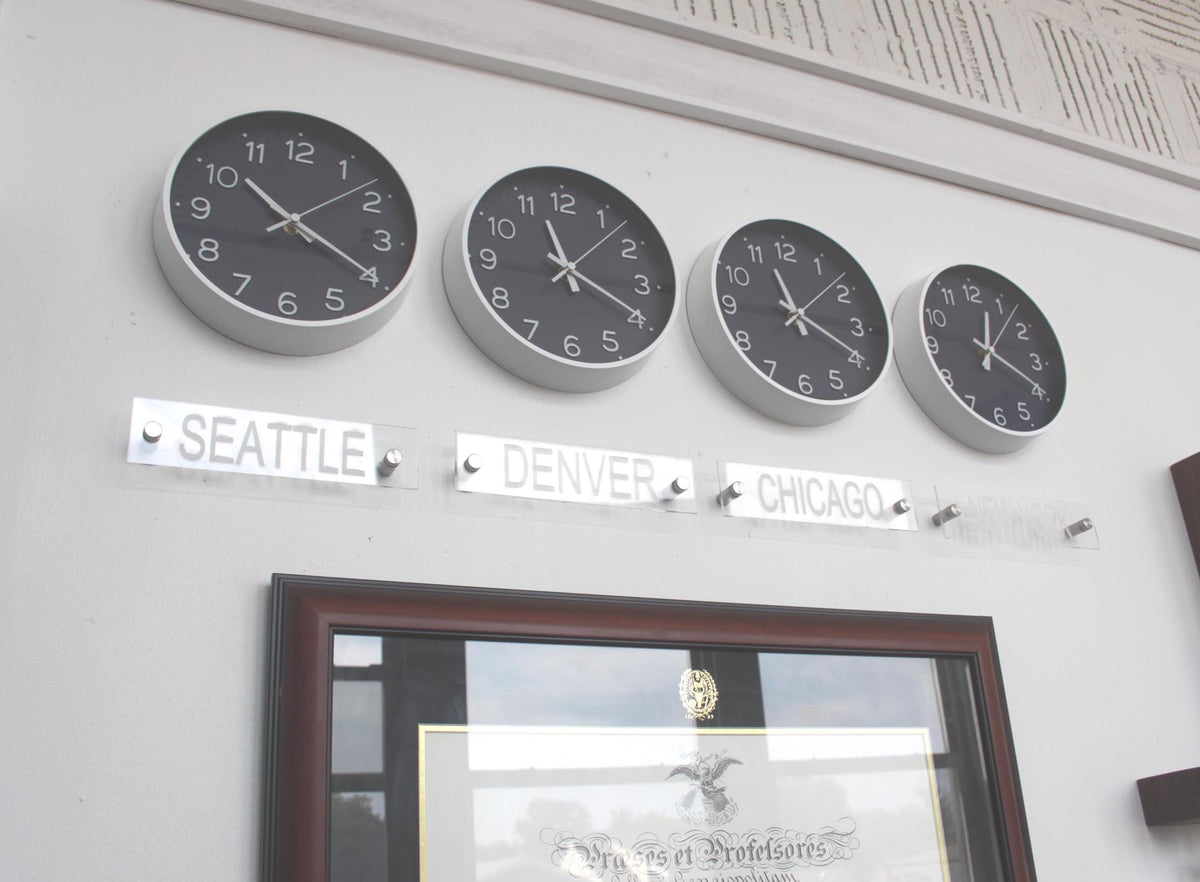 Newsroom Clock Timezones Set with Custom Signs – Customize Your Four Timezone Marquees