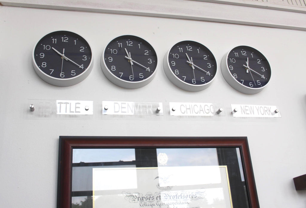 Newsroom Clock Timezones Set with Custom Signs – Customize Your Four Timezone Marquees