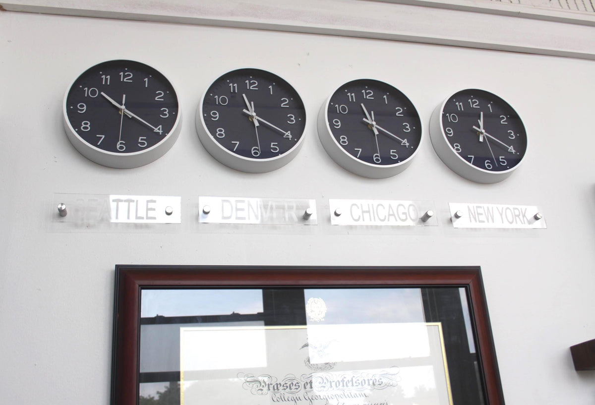 Newsroom Clock Timezones Set with Custom Signs – Customize Your Four Timezone Marquees
