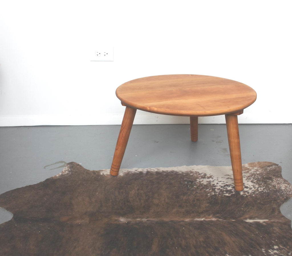 Low Circular Cherry Coffee Table with Three Legs – Handmade Furniture for Low Seating