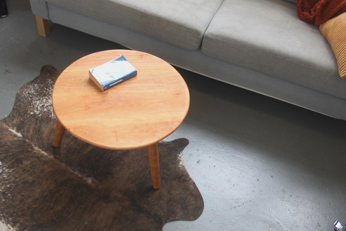 Low Circular Cherry Coffee Table with Three Legs – Handmade Furniture for Low Seating