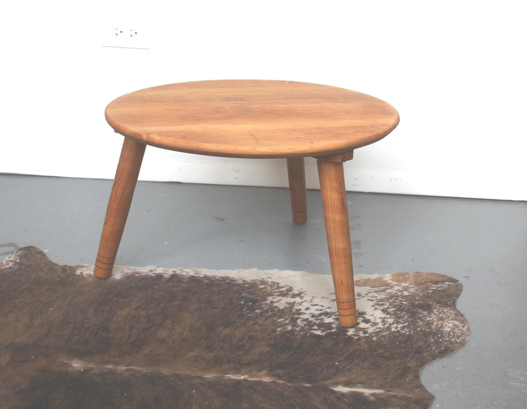 Low Circular Cherry Coffee Table with Three Legs – Handmade Furniture for Low Seating