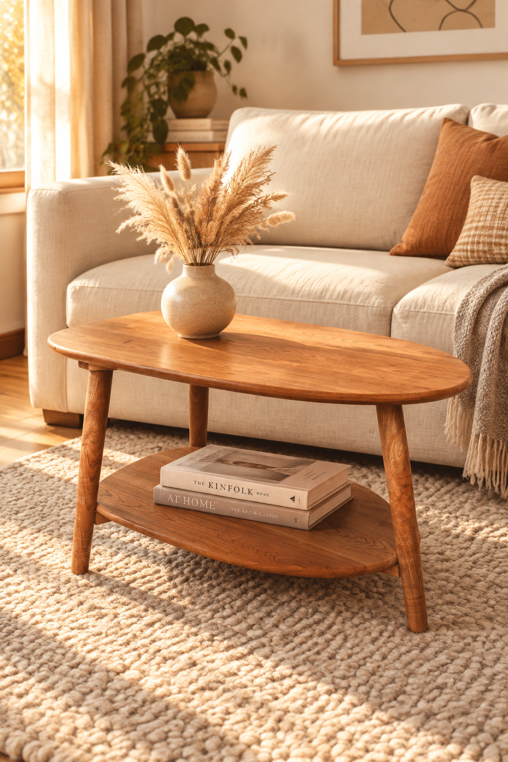 Handcrafted Avocado Coffee Table with Lower Shelf | Cherry or Ash Wood, 3-Leg, Made in Chicago