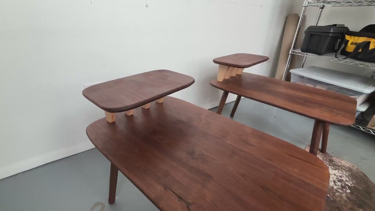 Matching Walnut End Tables with Shark Fin Shelves – Set of Two Bedside Night Stands